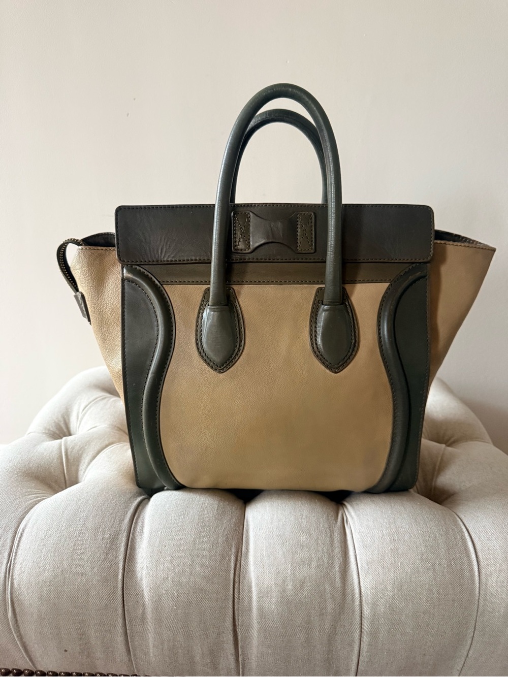Authentic Phoebe Philo Celine Micro Luggage Tote Bi Color Green Tan Leather - Picture 2 of 16